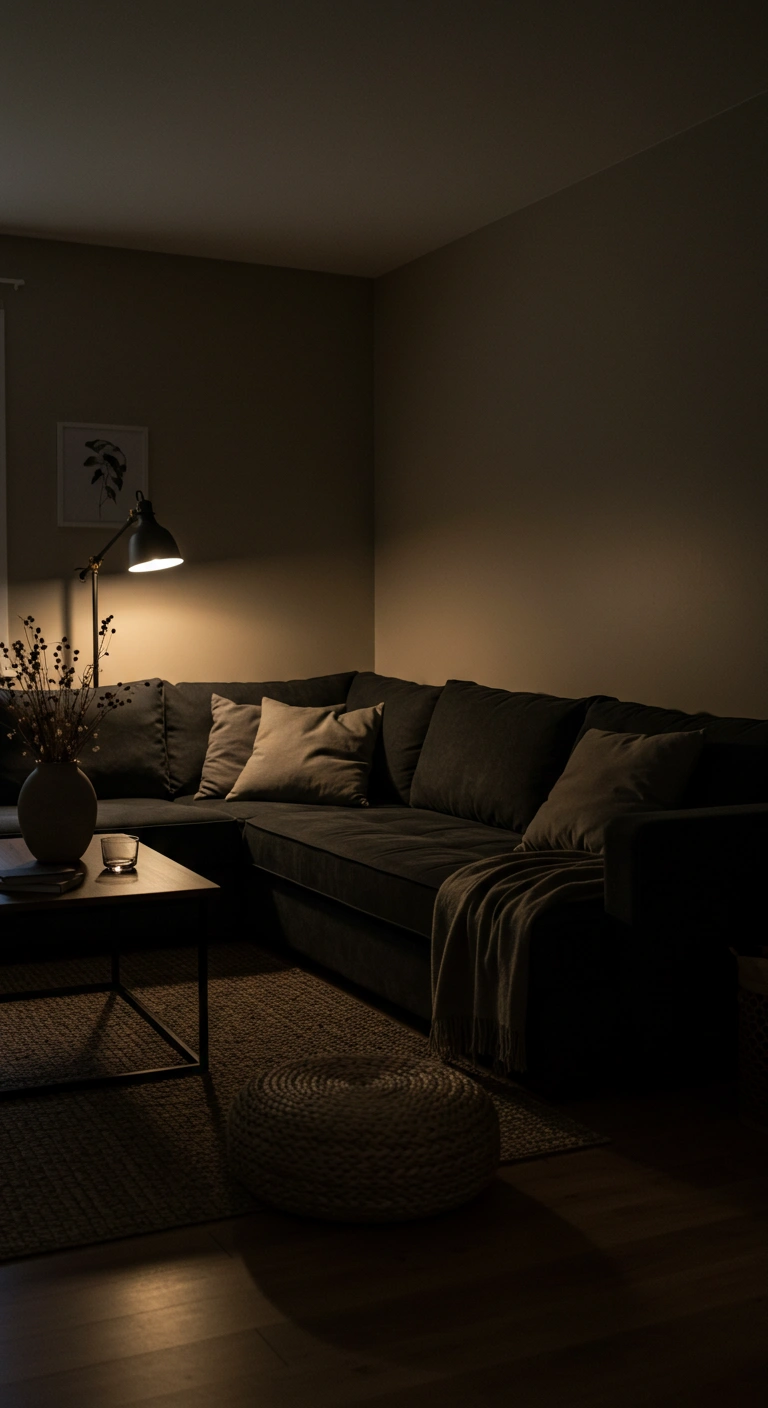 Warm Cozy Living Room Dark Couch Decor