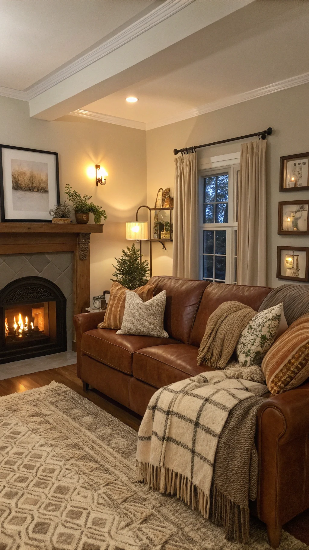 Warm Cozy Living Room with a Brown Couch