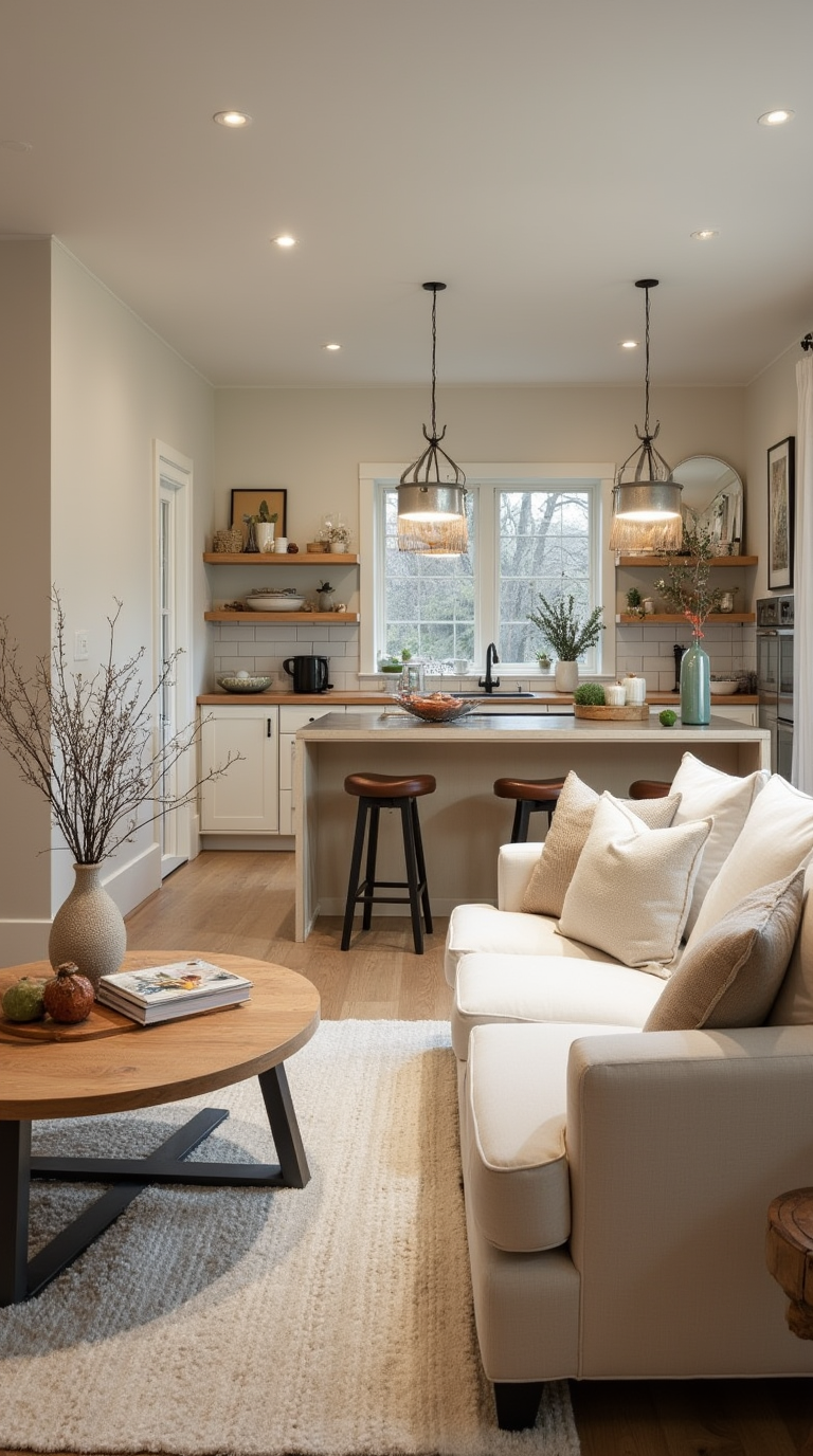 Warm Cozy Living Room and Kitchen Combo Ideas | buzzproper