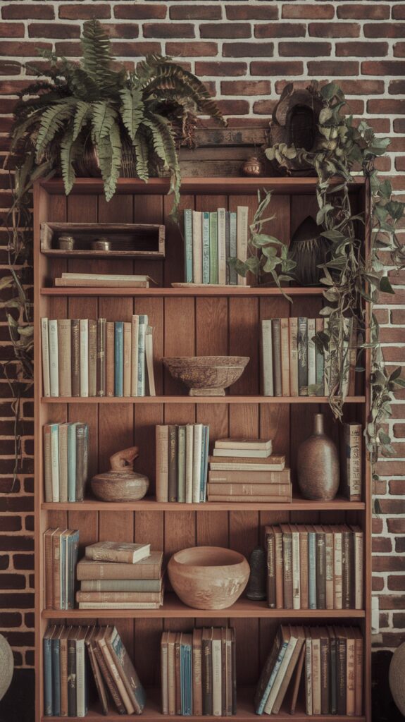 A stylish bookshelf displaying a mix of books and natural decor elements, including wooden items and plants.