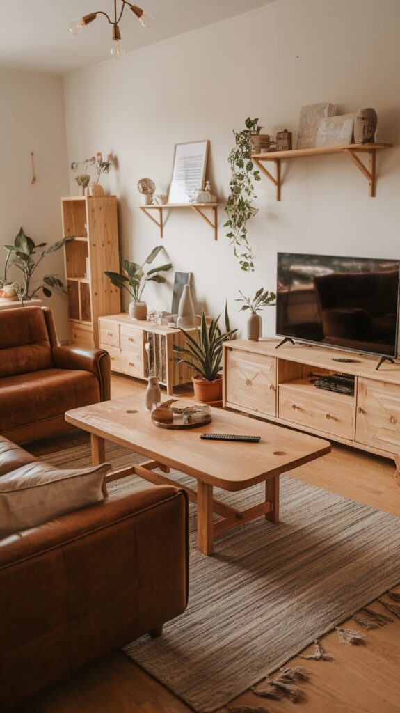 A cozy living room with natural wood furniture and neutral decor.