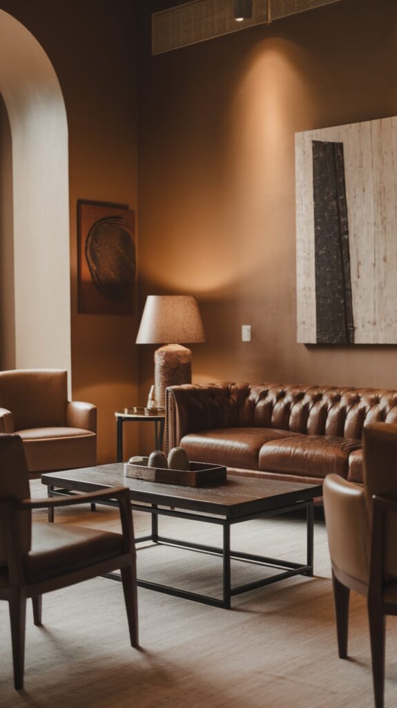 Cozy living room featuring accent furniture in muted hues, with earthy brown tones and neutral decor.