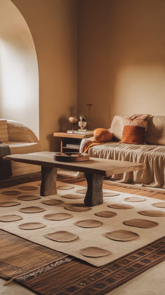 Cozy living room with layered rugs in earthy tones.