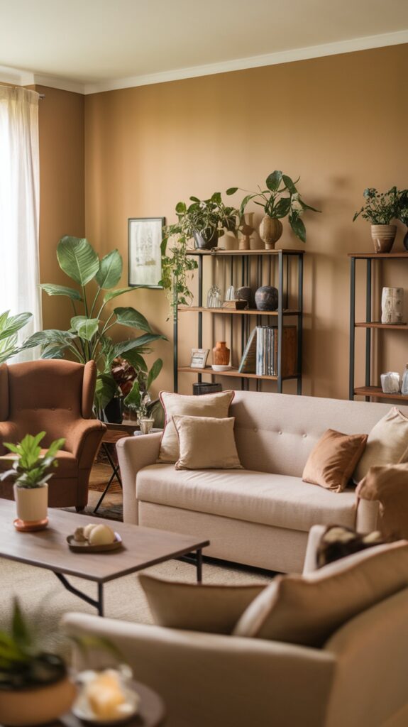 Cozy living room with soft lighting, featuring warm neutrals and earthy browns.