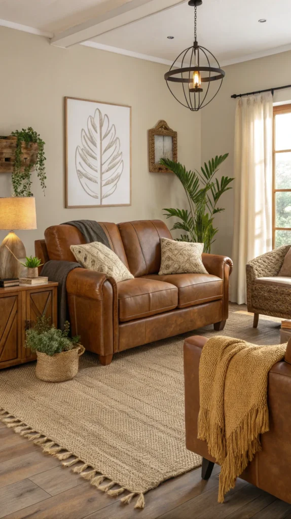 Cozy living room featuring soft brown leather seating, warm tones, and earthy decor.