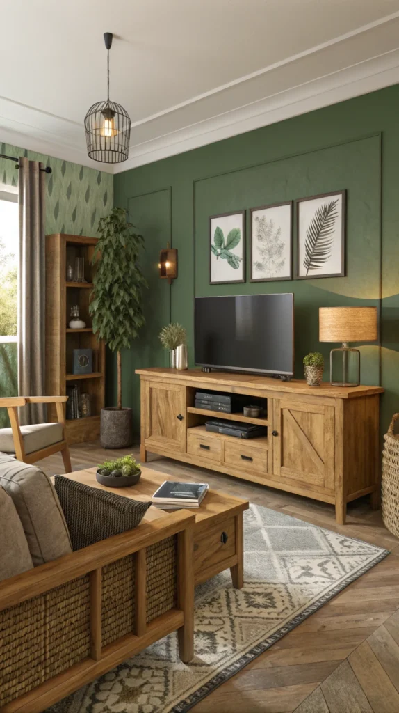 Cozy living room with earthy green accent wall and wooden furniture