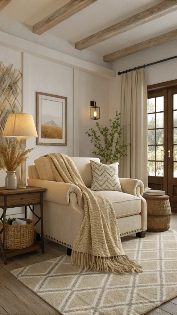 A cozy living room with beige textiles, including cushions and a throw blanket, creating a warm atmosphere.