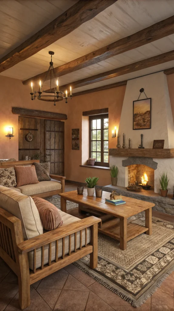 Cozy living room with rustic wooden furniture, earthy tones, and warm lighting.