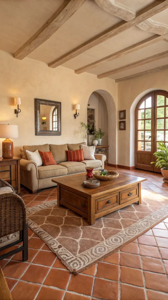 Living room with terracotta accents and warm colors