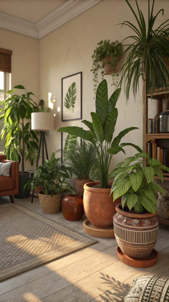 A cozy living room filled with various indoor plants in different terracotta and ceramic pots.