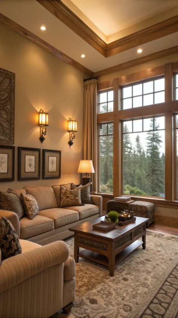 Cozy living room with layered lighting in earth tones