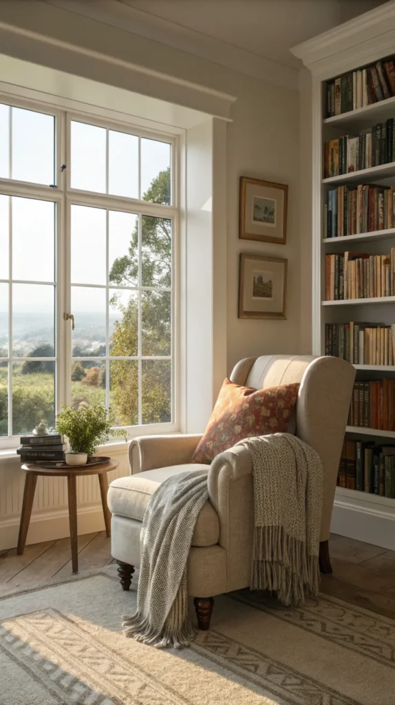 Cozy reading nook with an armchair, throw blanket, and bookshelves by a window.