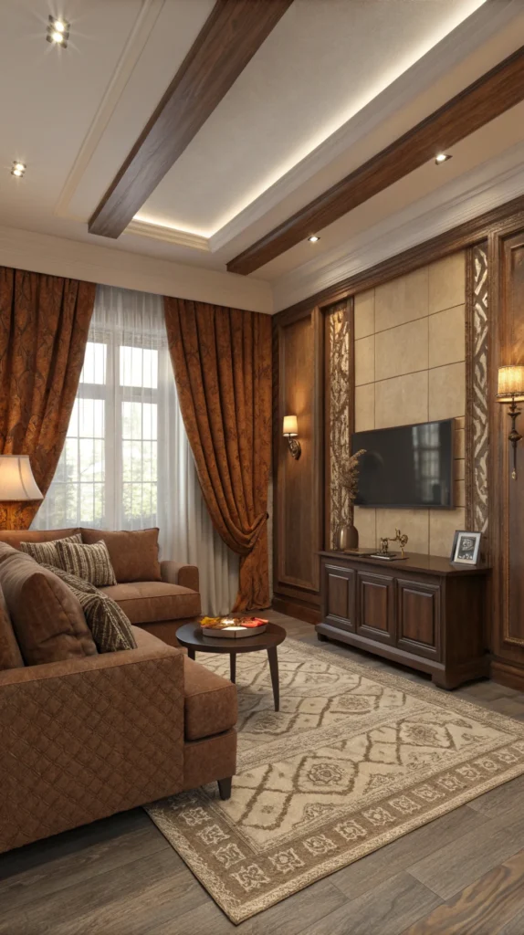 Cozy living room with brown and earthy shades, featuring a comfortable sofa and warm curtains.