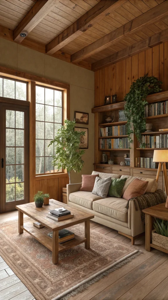 Cozy living room with wooden elements and earthy colors