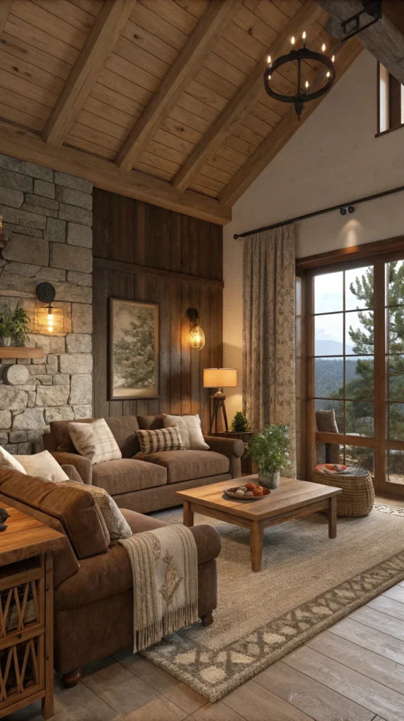 Cozy living room featuring brown and earthy shades with soft fabrics and natural textures.