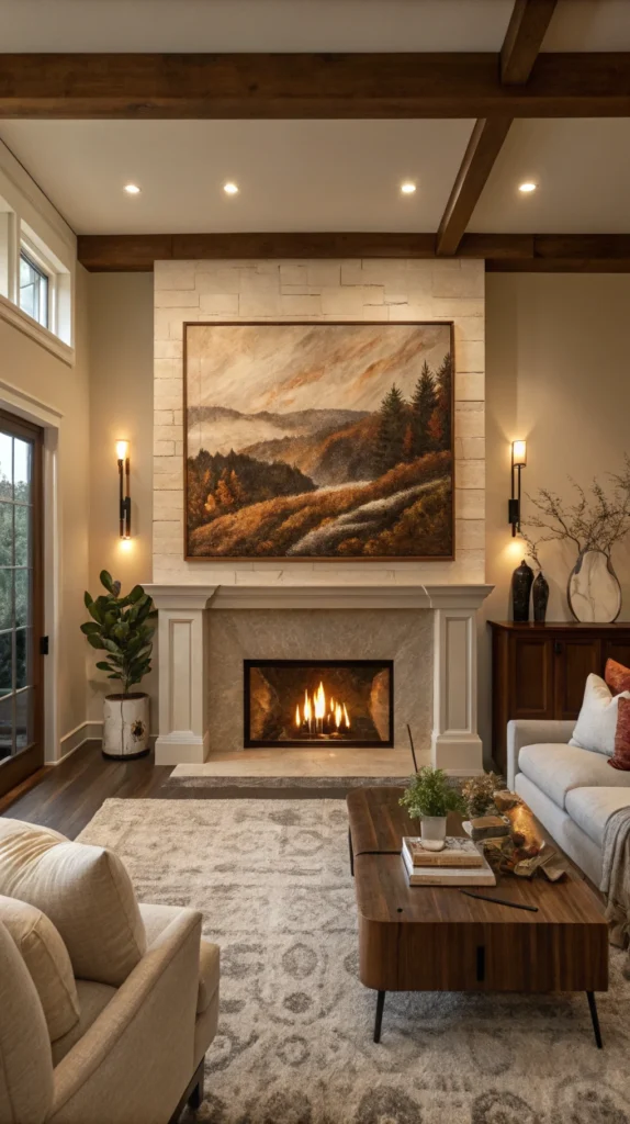 Cozy living room featuring a large art piece with earthy tones above a fireplace, surrounded by comfortable seating and decorative plants.