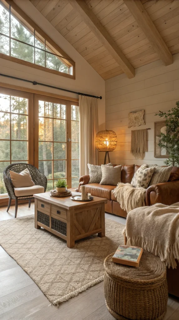 Cozy living room with earthy tones and natural accessories including plants, baskets, and vases.