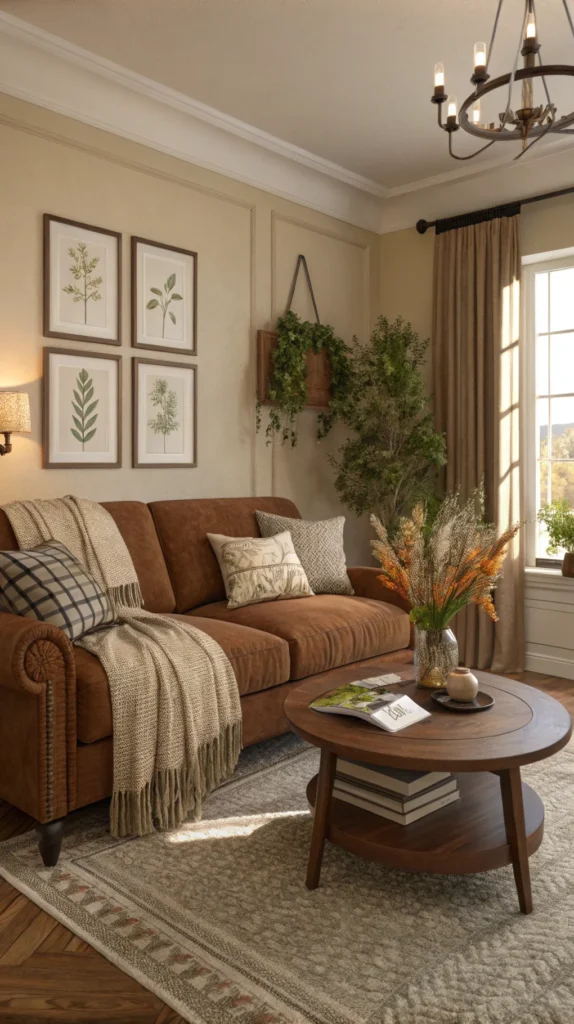 Cozy living room with brown and earthy shades, featuring a comfortable sofa, decorative plants, and a round coffee table.