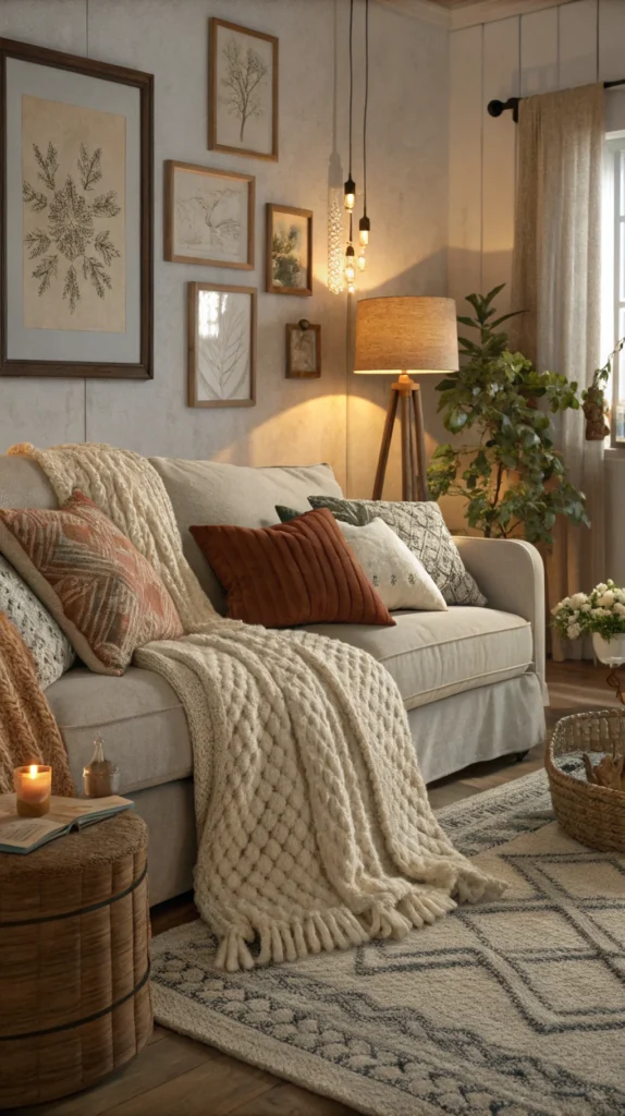 Cozy living room with layered textures, featuring various pillows and a chunky knit throw.