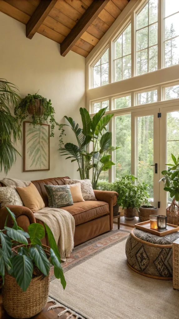 Cozy living room with natural light, showcasing earthy tones and plants.