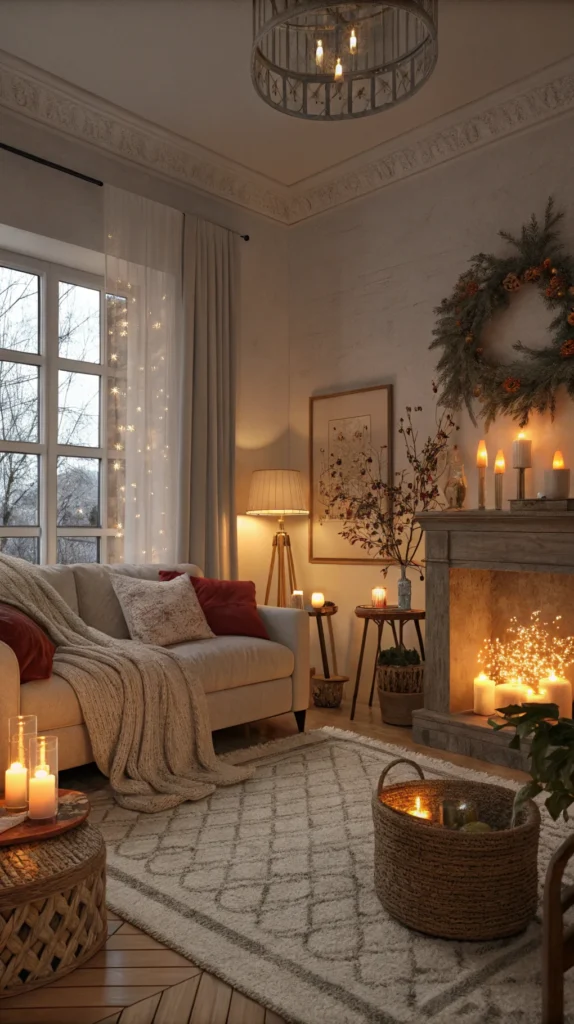 A cozy living room with soft lighting, featuring lamps and candles, creating a warm ambiance.