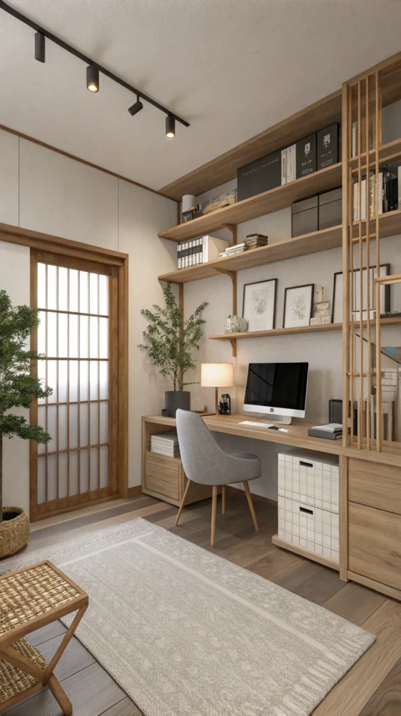 A stylish Japandi workspace featuring organized shelves and smart storage options.