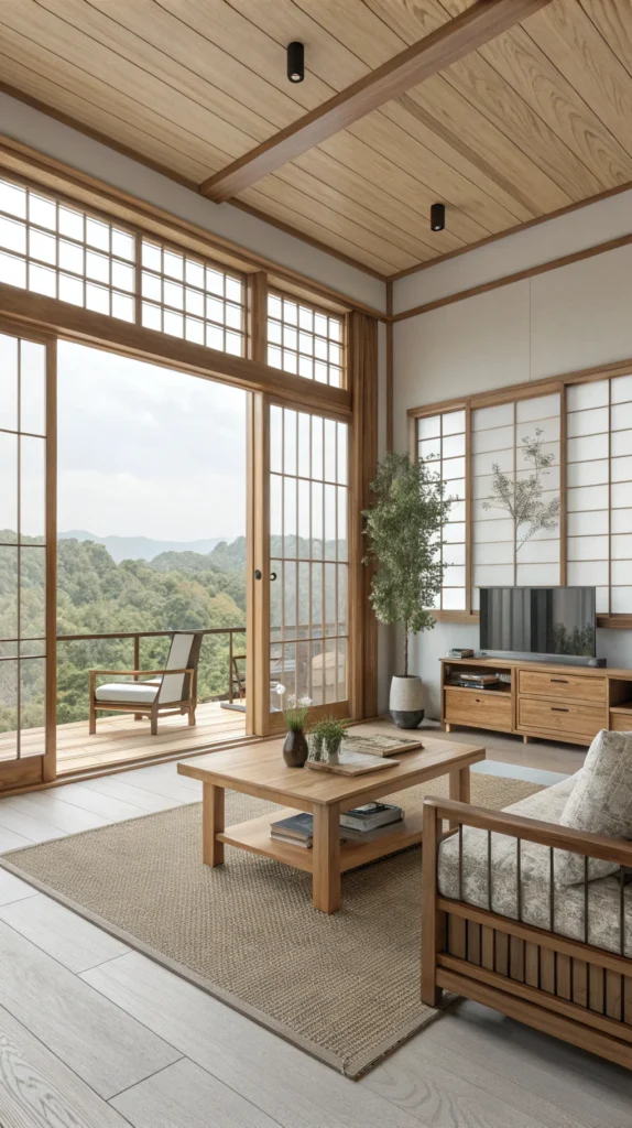 A bright Japandi workspace featuring large windows and wooden furniture.