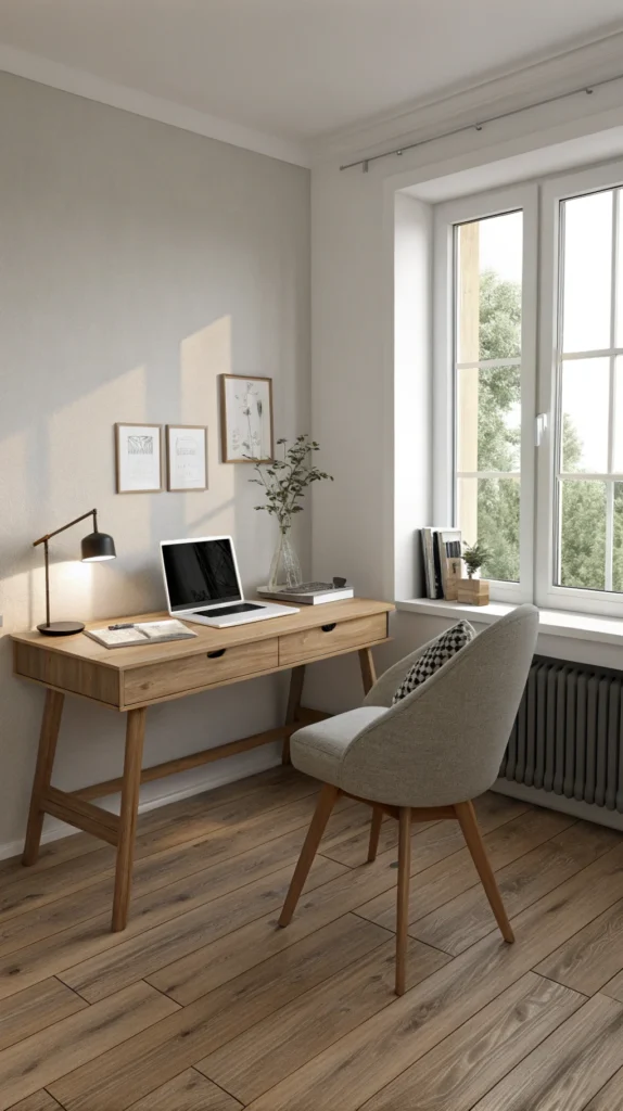 A minimalist workspace featuring a wooden desk, laptop, and a comfortable chair by the window.