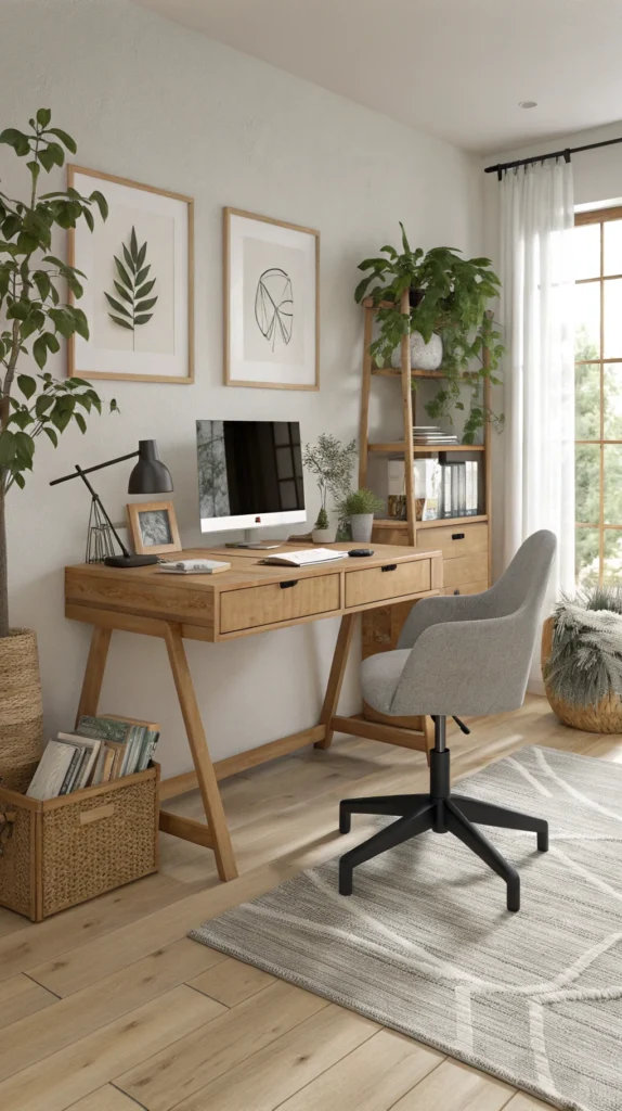 A stylish Japandi workspace with a wooden desk, ergonomic chair, and plants.