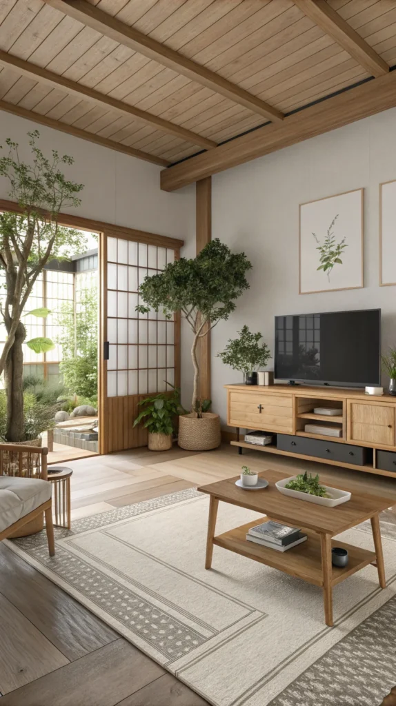 A Japandi-inspired workspace featuring wooden furniture, plants, and a clean, minimalist design.