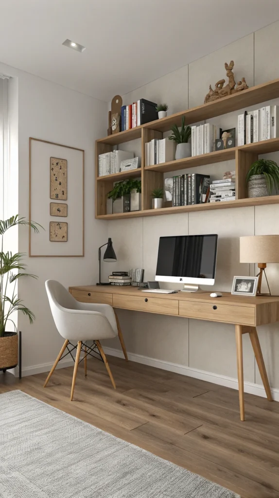 A minimalist workspace featuring a wooden desk, computer, bookshelves, and decorative items.