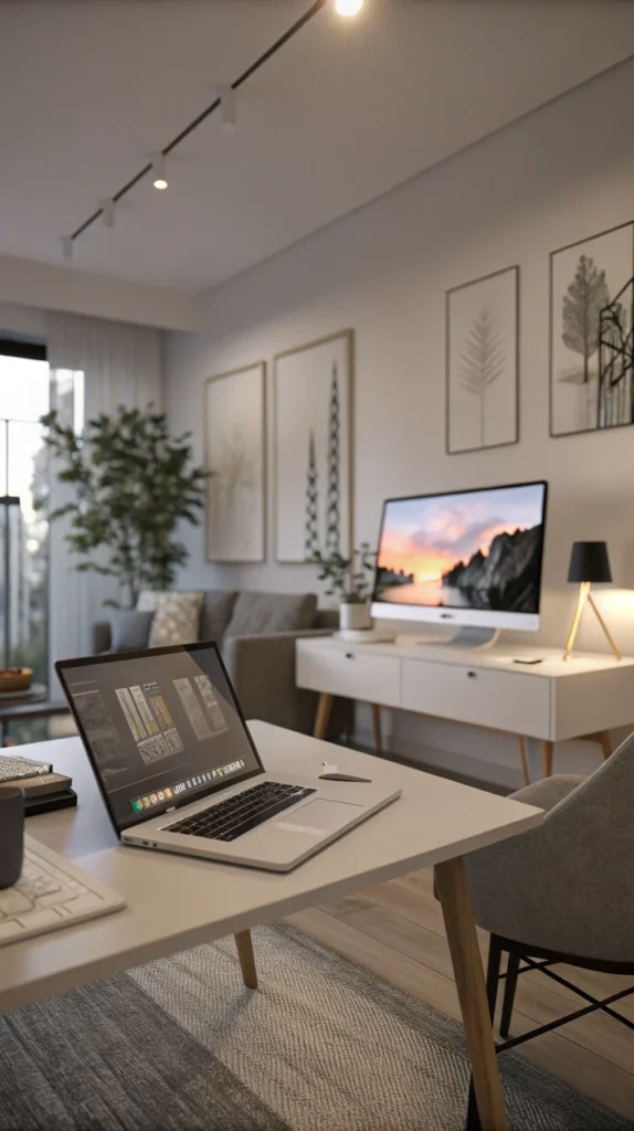 A modern workspace featuring a laptop, monitor, and minimalist decor.