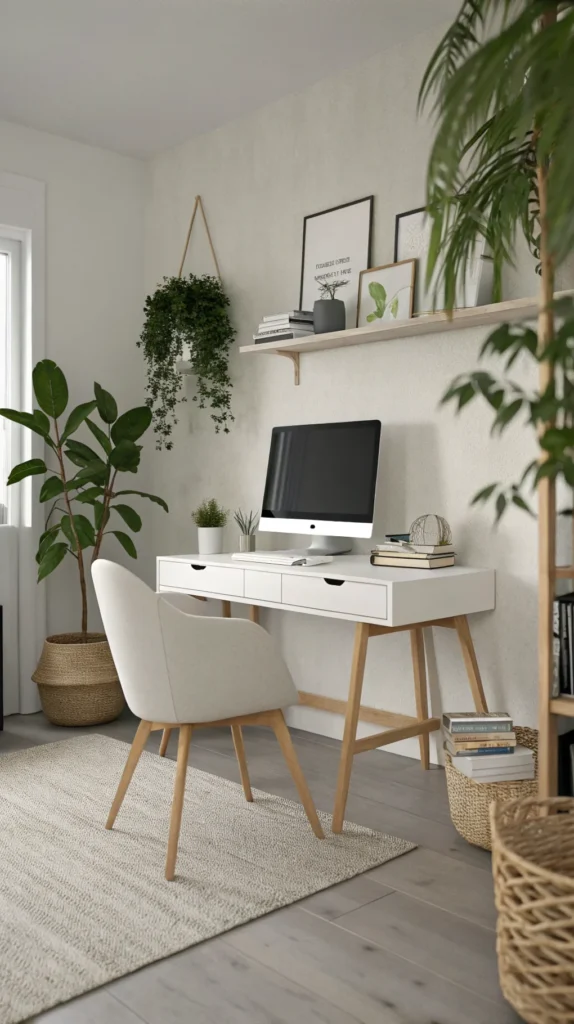 Minimalist home office with neutral color palette featuring a desk, computer, and plants