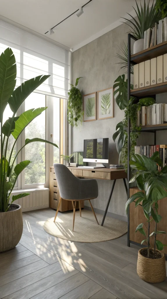 A stylish home office with large potted plants and natural lighting.