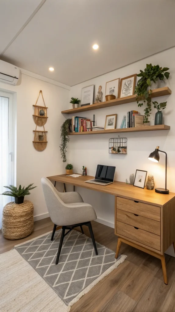 A minimalist home office featuring a wooden desk, a chair, and shelves with decorative items.