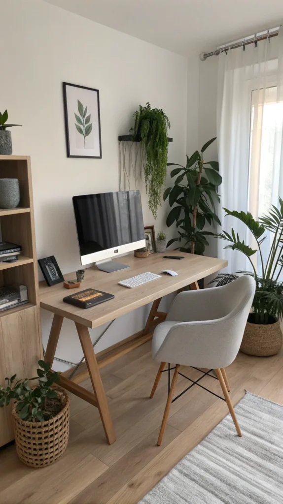 A minimalist home office with modern technology and plants