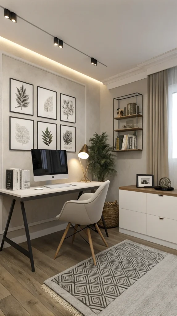 A minimalist home office featuring a sleek desk, computer, and framed art on the wall.