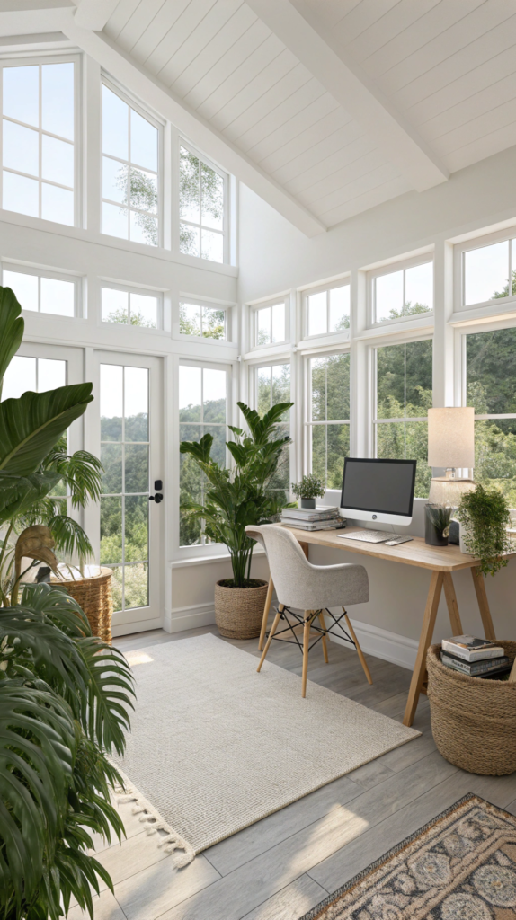 A bright and airy home office with large windows, plants, and a simple desk setup.