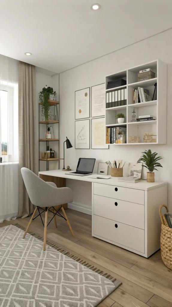 Minimalist home office with organized desk and stylish storage