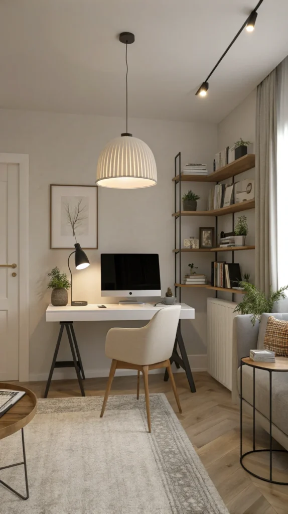 A minimalist home office with a pendant light, desk lamp, and simple furniture.