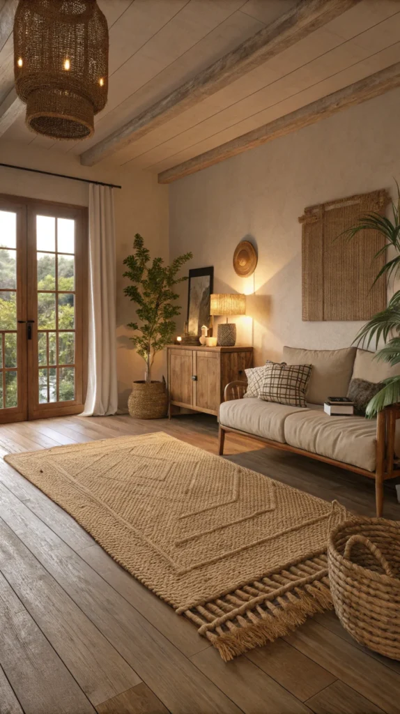 A cozy living room with natural fiber rug, wooden floor, and warm tones.