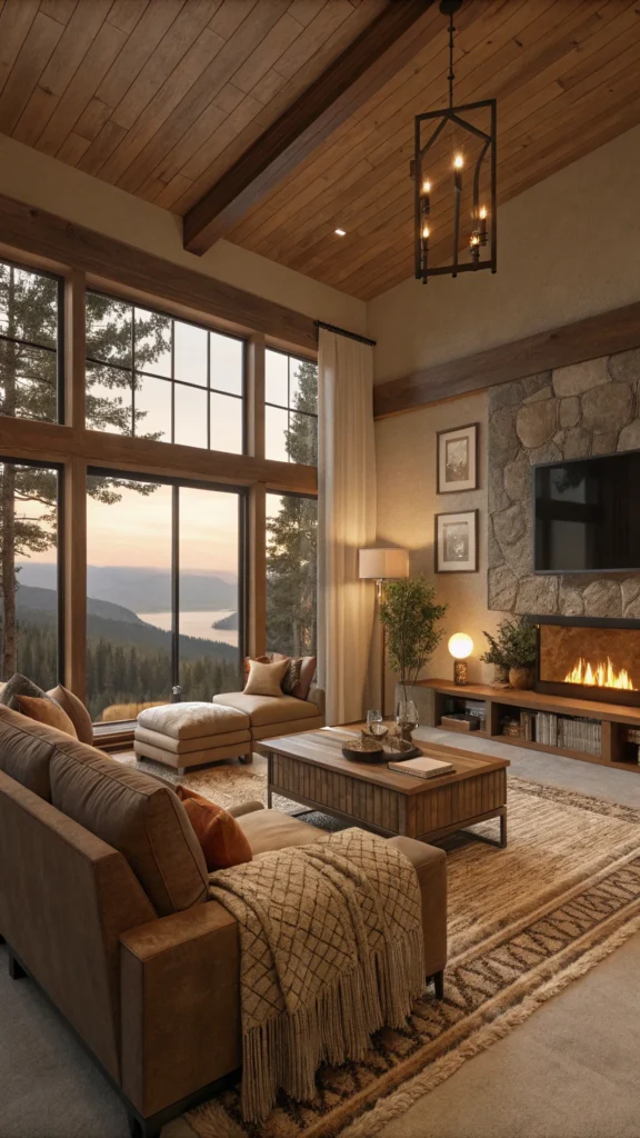 A cozy living room with warm ambient lighting, featuring earth tone decor.