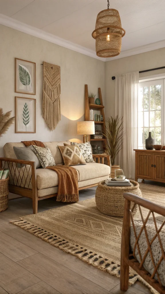 A cozy living room featuring natural fiber textiles in earth tones.