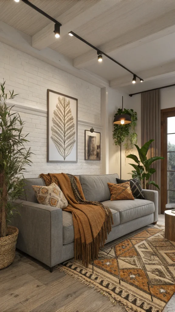 Cozy living room with earth tone throws on a gray sofa, featuring decorative pillows and a plant.