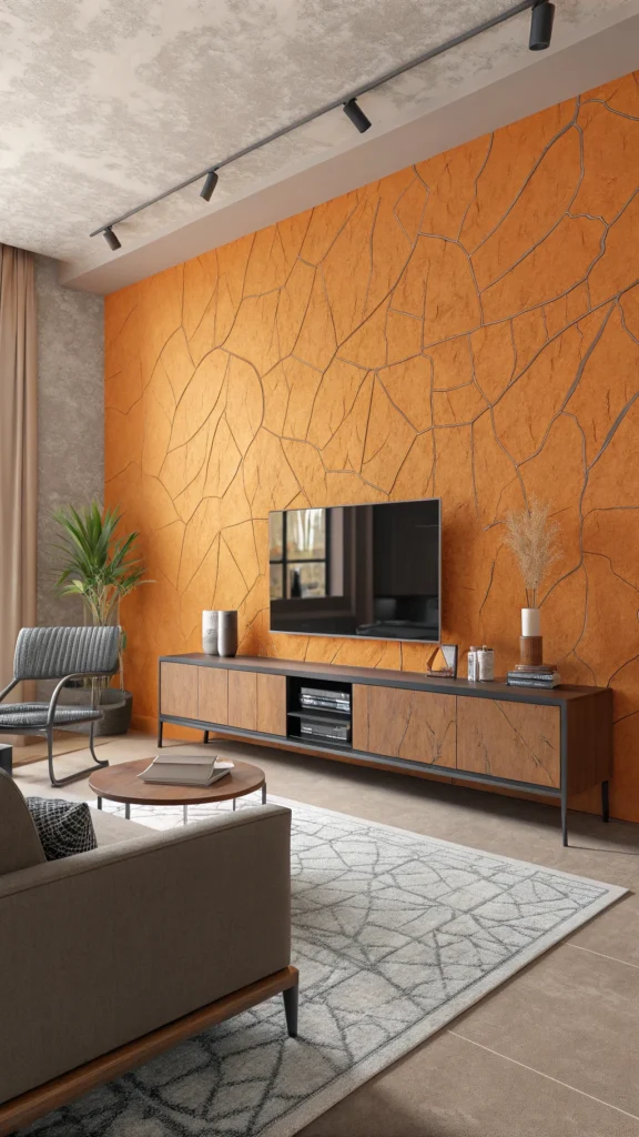 Living room with textured orange wall and modern furniture