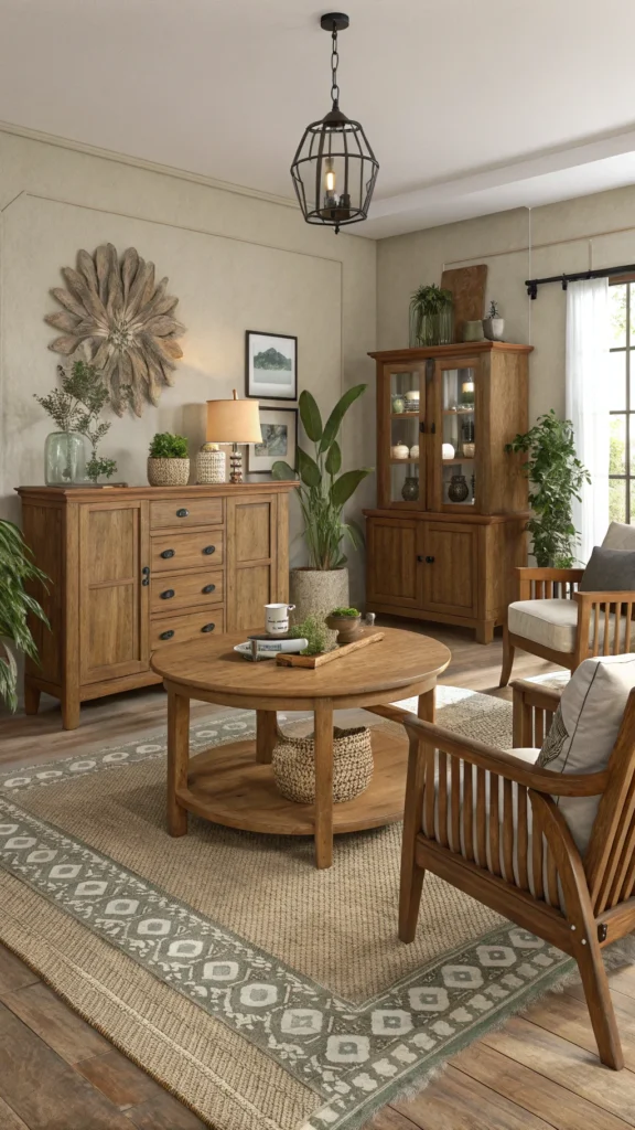 A cozy living room featuring wooden furniture pieces, including a round coffee table, sideboard, and chairs, complemented by plants and earth tone decor.