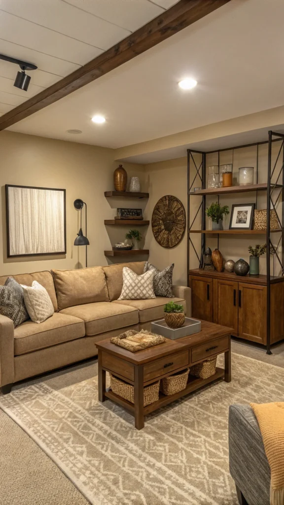 A cozy living room with earth tone decor, featuring a sectional sofa, coffee table, and decorative items on shelves.