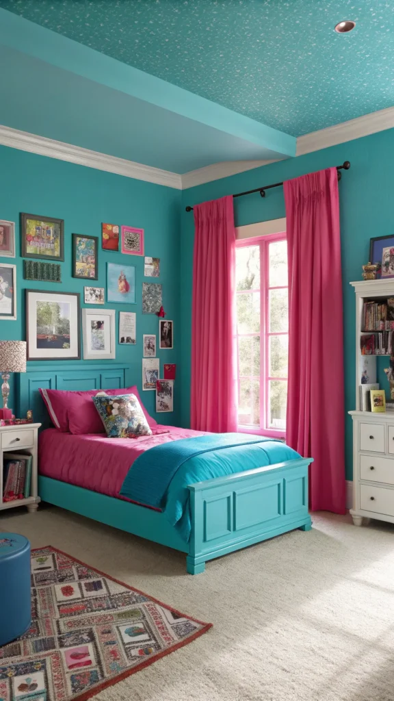 A vibrant teen girl bedroom with bold jewel tones featuring teal walls, pink curtains, and a bright blue bed.