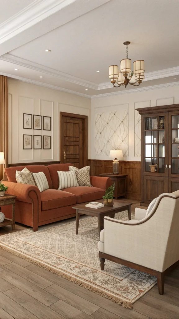 A cozy living room with brown and beige furniture, featuring a rust-colored sofa, cream chairs, and warm wood accents.