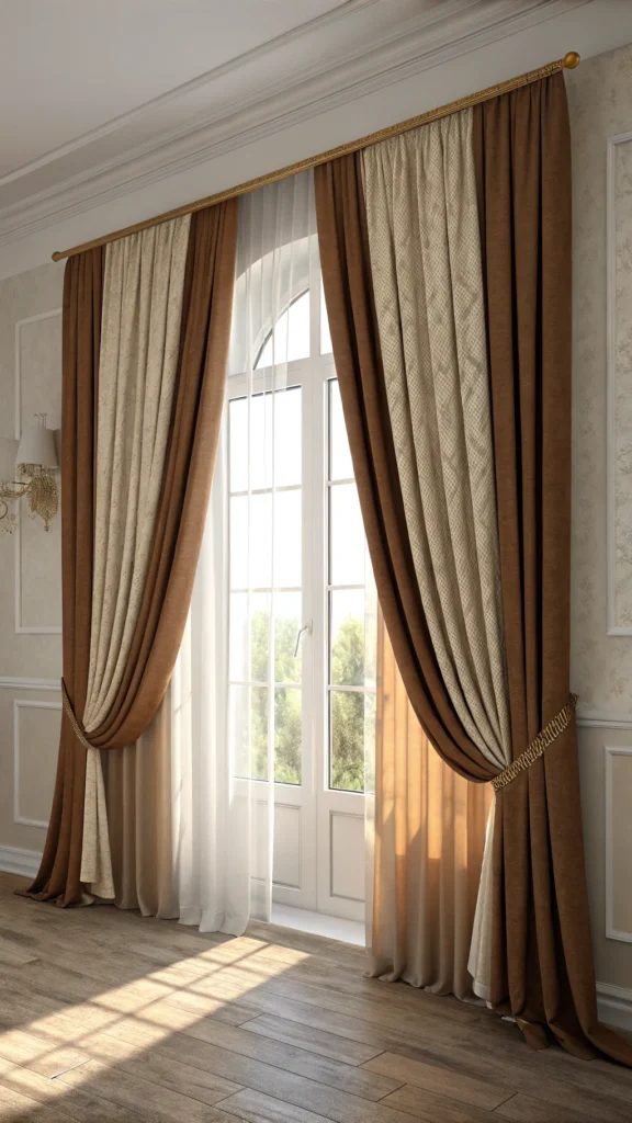 Brown and beige curtains draping a window with soft light filtering through.